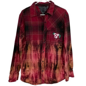 Upcycled Bleached Boho Flannel Plaid Button Down Shirt Medium Embroidered Floral